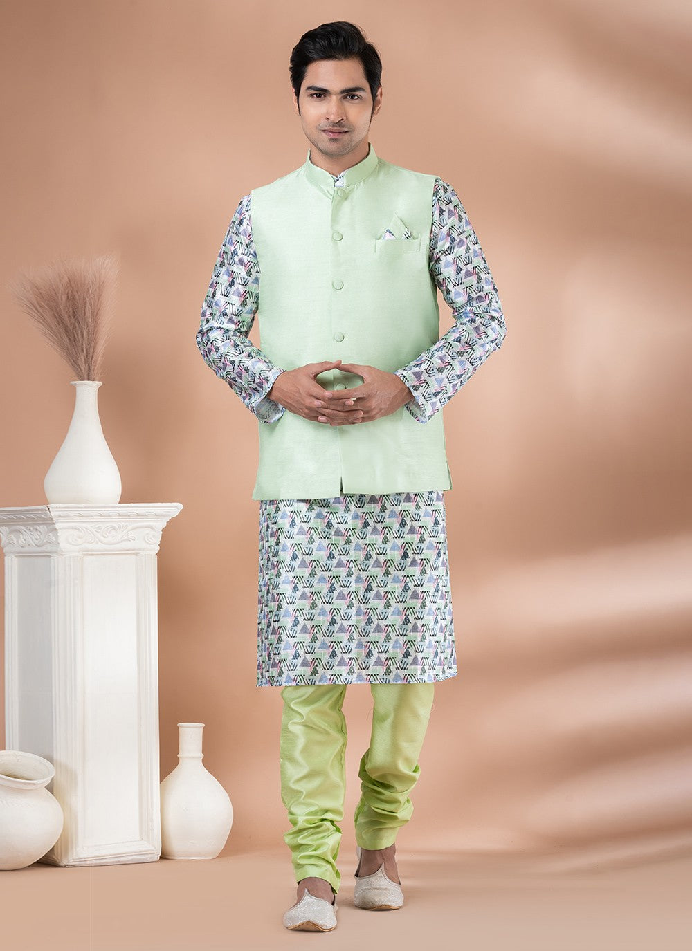 Plain Banarasi Silk Green, Multi Colour Kurta Payjama With Jacket - M7712