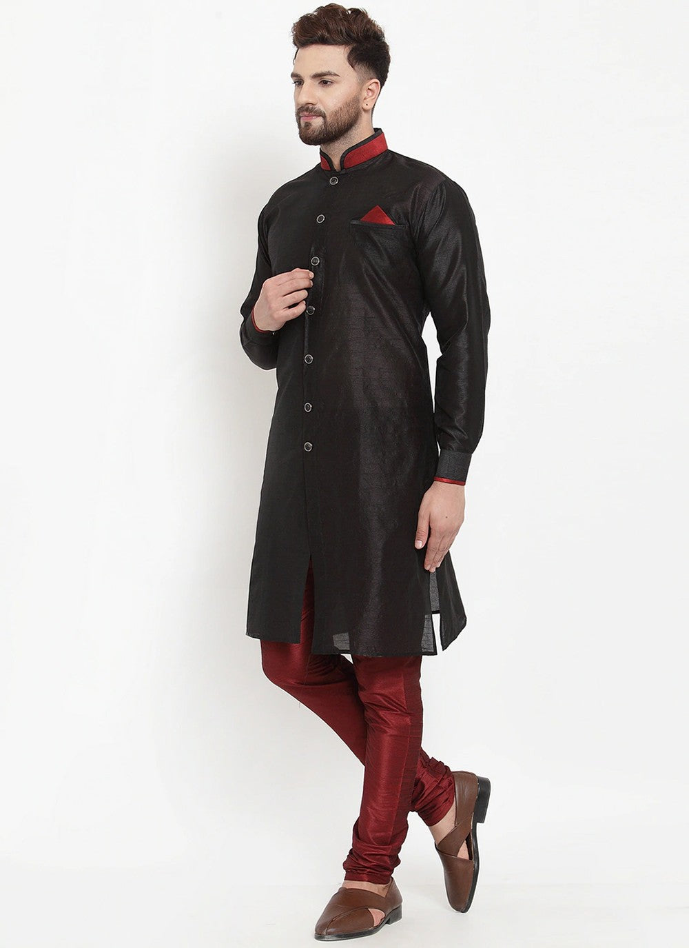 Plain Banarasi Silk Black Kurta Pyjama - M2462