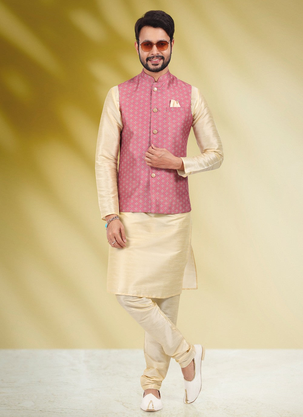 Printed Banarasi Silk Cream, Pink Kurta Payjama With Jacket - M4588