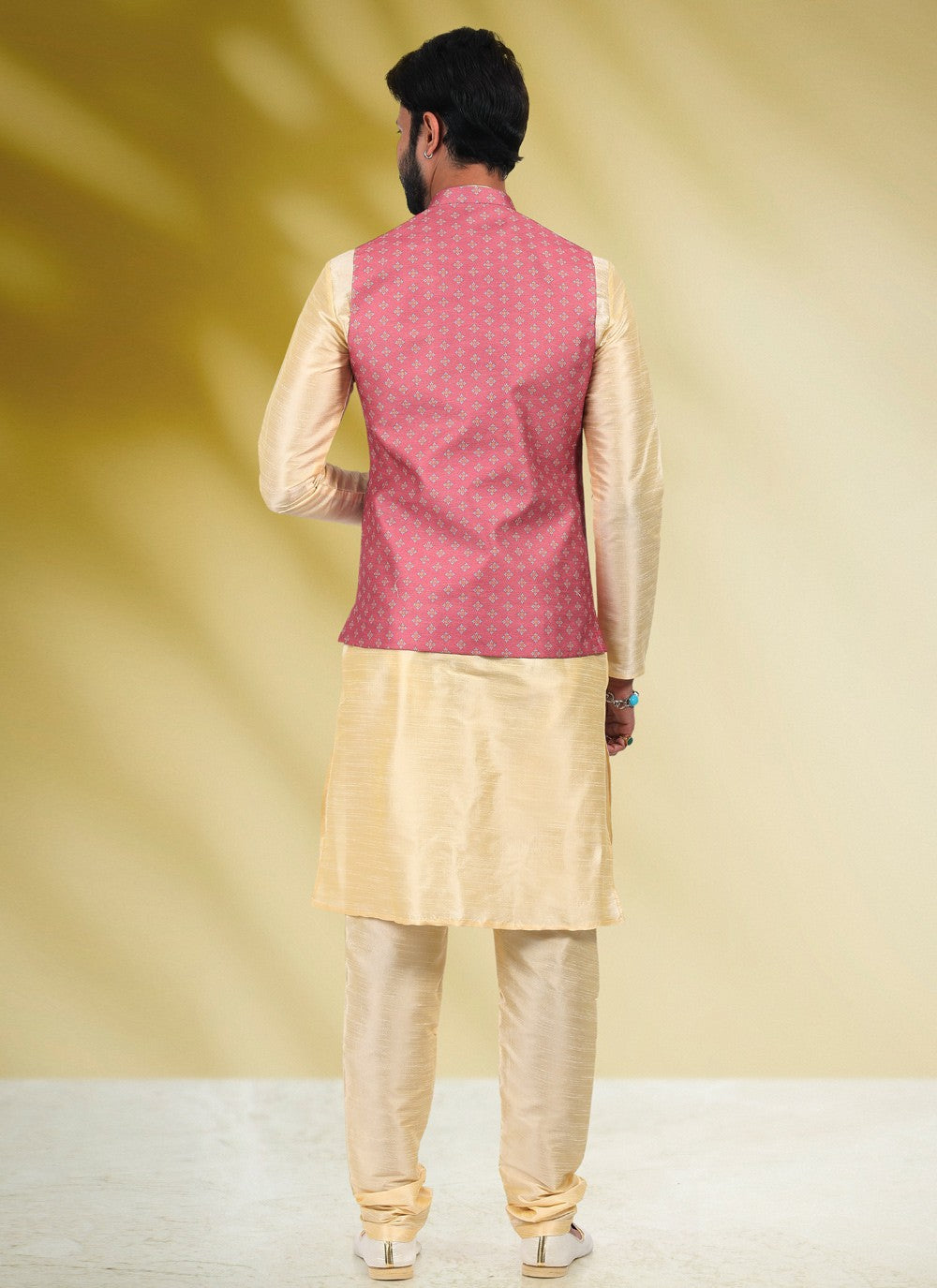 Printed Banarasi Silk Cream, Pink Kurta Payjama With Jacket - M4588