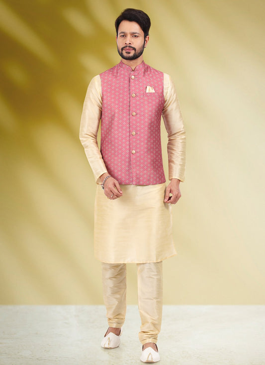 Printed Banarasi Silk Cream, Pink Kurta Payjama With Jacket - M4588