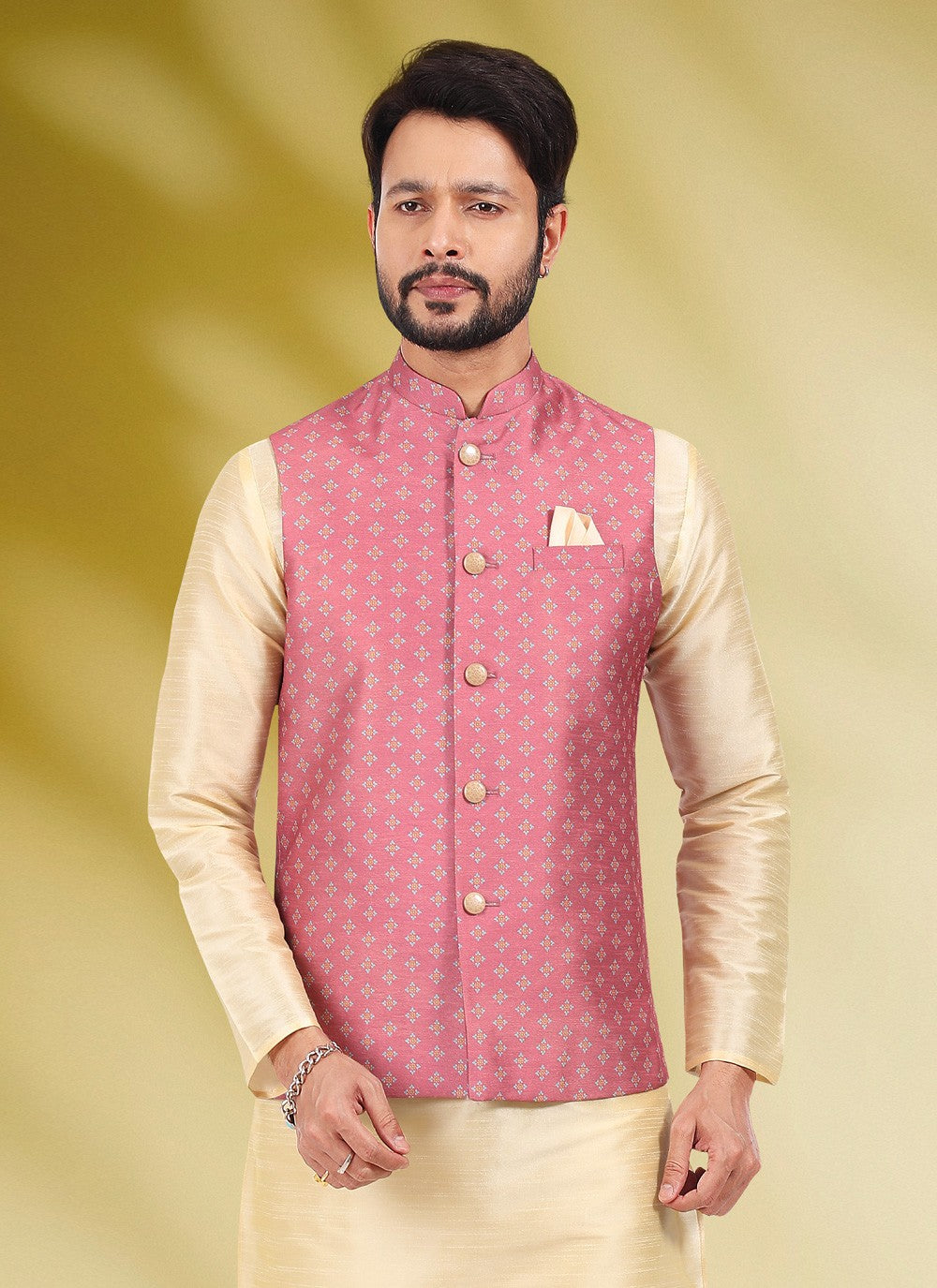 Printed Banarasi Silk Cream, Pink Kurta Payjama With Jacket - M4588