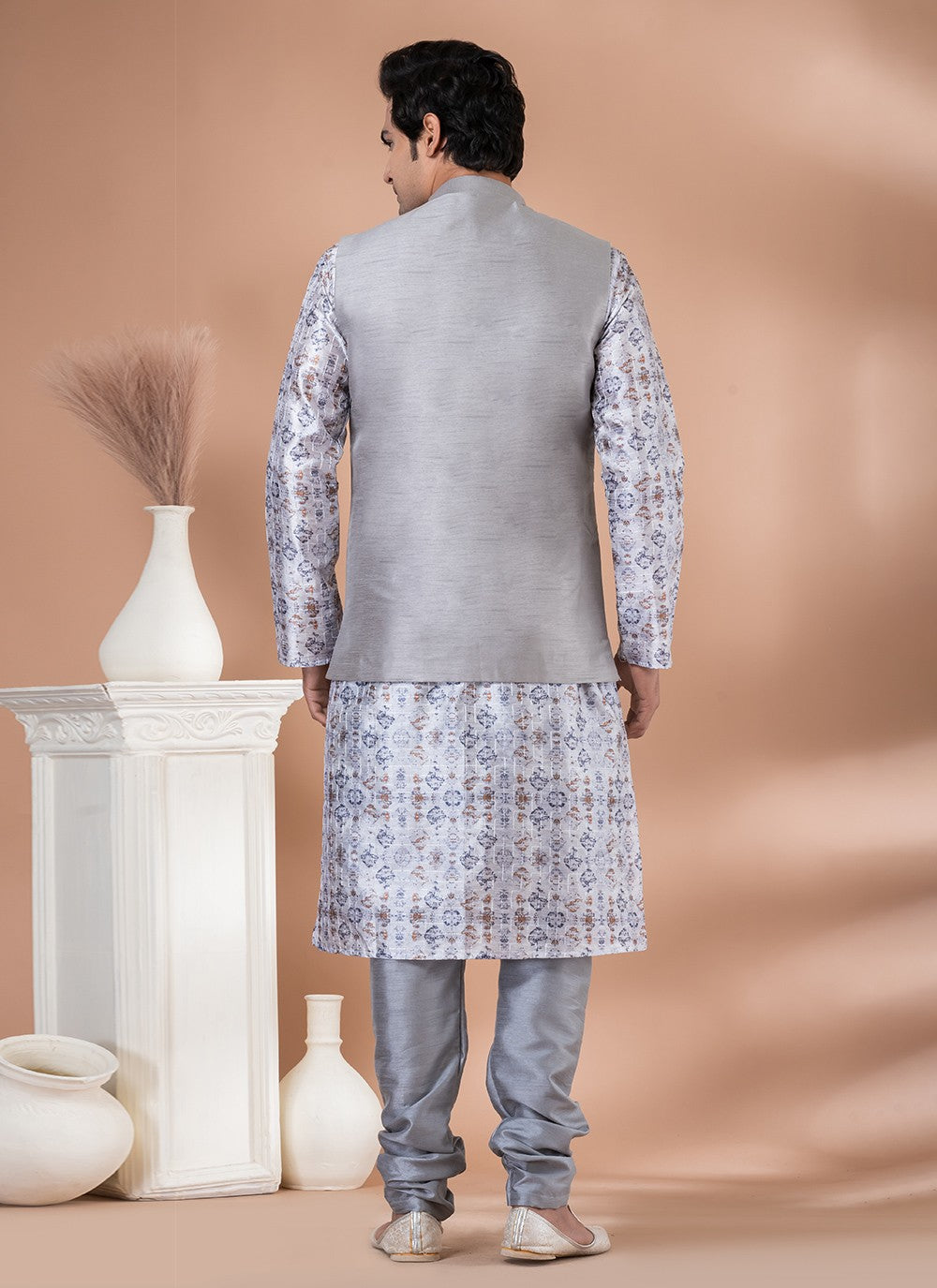 Plain Banarasi Silk Grey, Multi Colour Kurta Payjama With Jacket - M7709