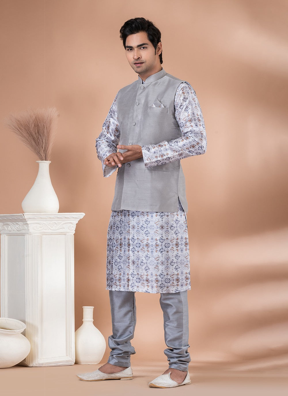 Plain Banarasi Silk Grey, Multi Colour Kurta Payjama With Jacket - M7709