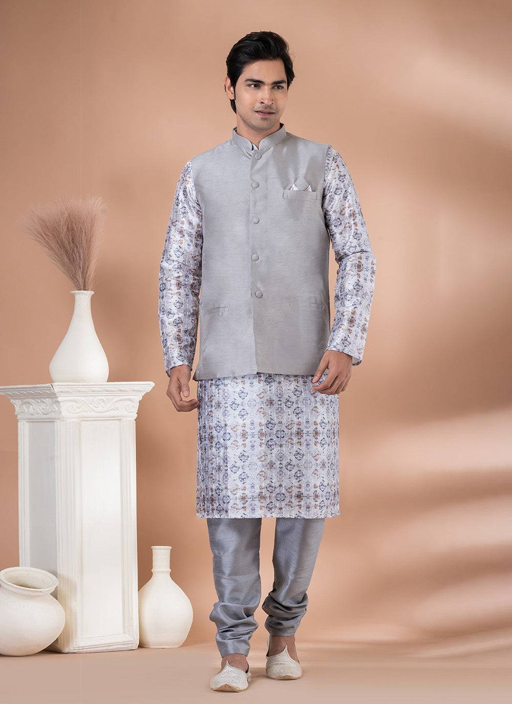 Plain Banarasi Silk Grey, Multi Colour Kurta Payjama With Jacket - M7709