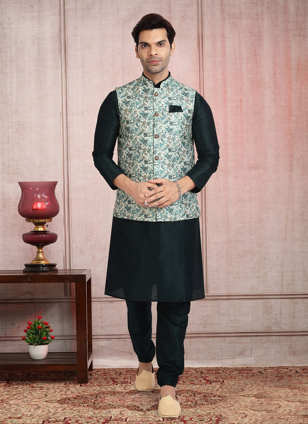 Printed Banarasi Silk Black, Cream Kurta Payjama With Jacket - M2724