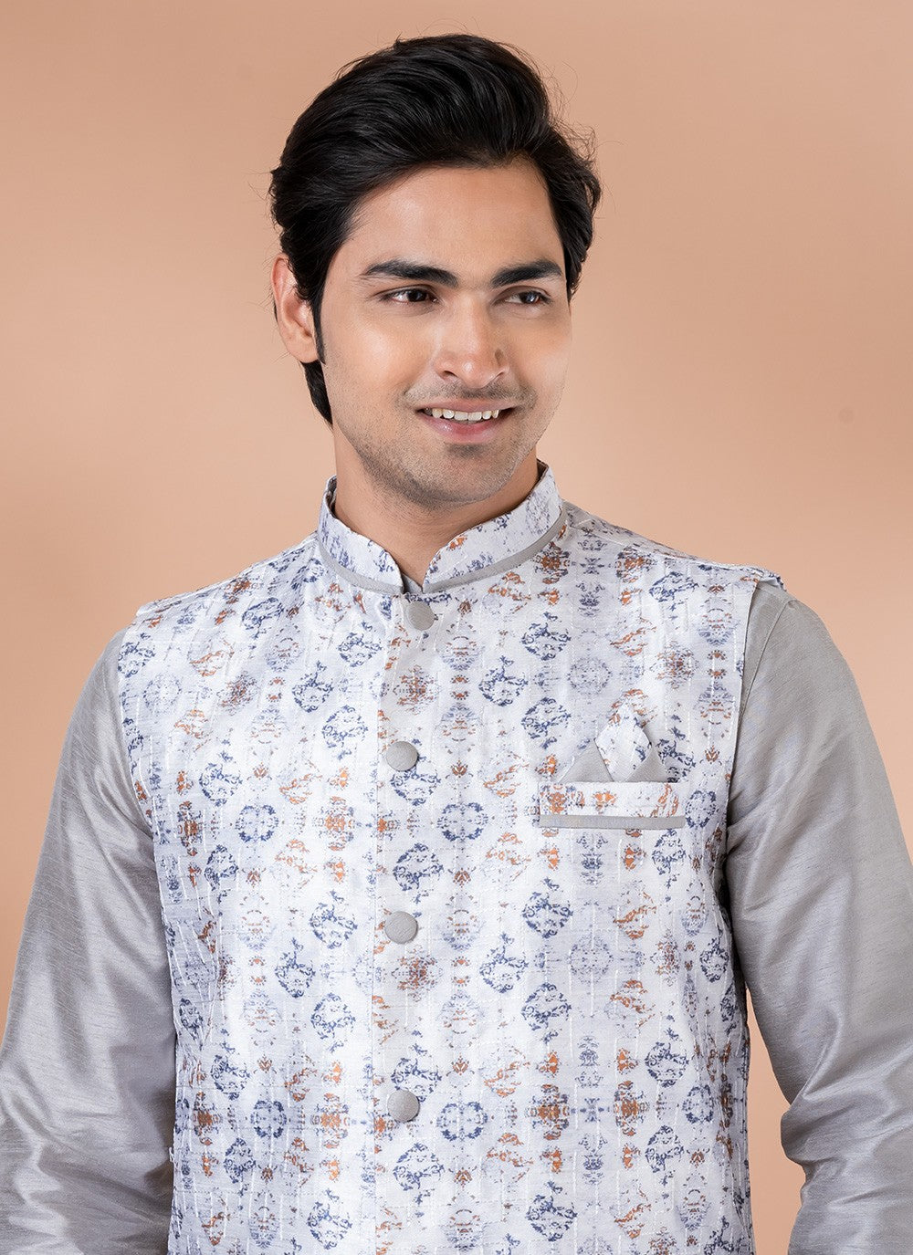 Printed Banarasi Silk Grey, Multi Colour Kurta Payjama With Jacket - M7708