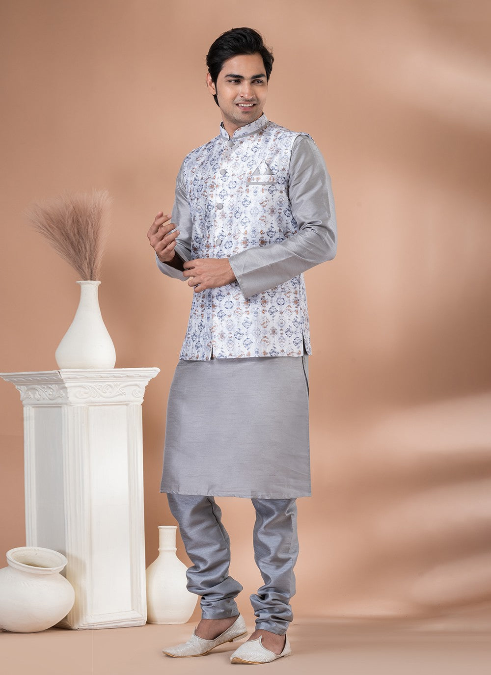 Printed Banarasi Silk Grey, Multi Colour Kurta Payjama With Jacket - M7708