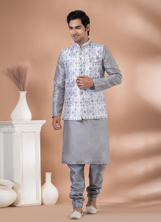 Printed Banarasi Silk Grey, Multi Colour Kurta Payjama With Jacket - M7708