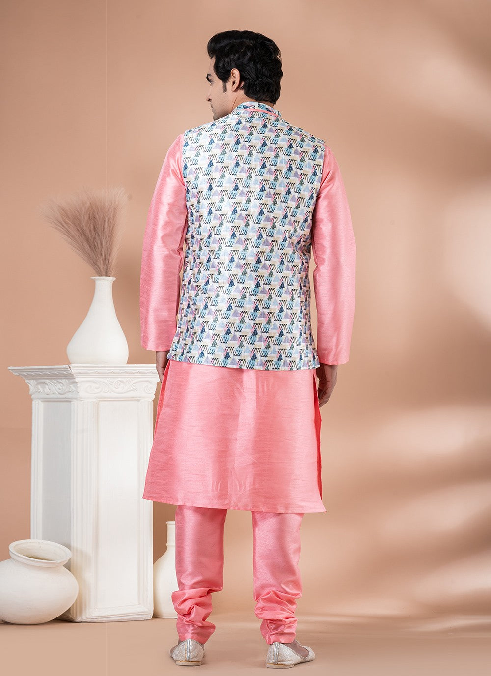 Printed Banarasi Silk Multi Colour, Pink Kurta Payjama With Jacket - M7719