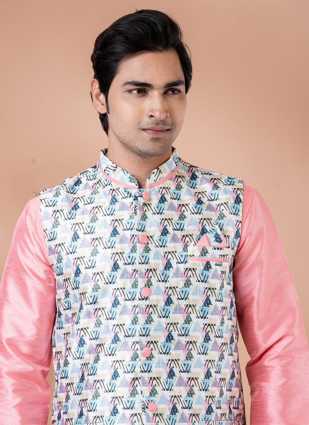 Printed Banarasi Silk Multi Colour, Pink Kurta Payjama With Jacket - M7719