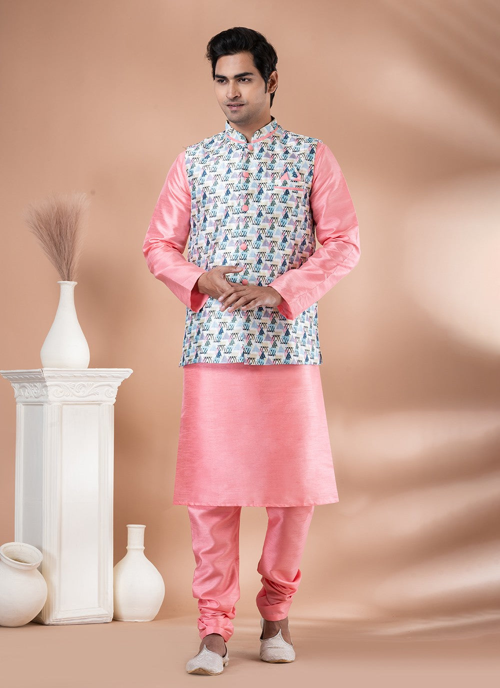 Printed Banarasi Silk Multi Colour, Pink Kurta Payjama With Jacket - M7719