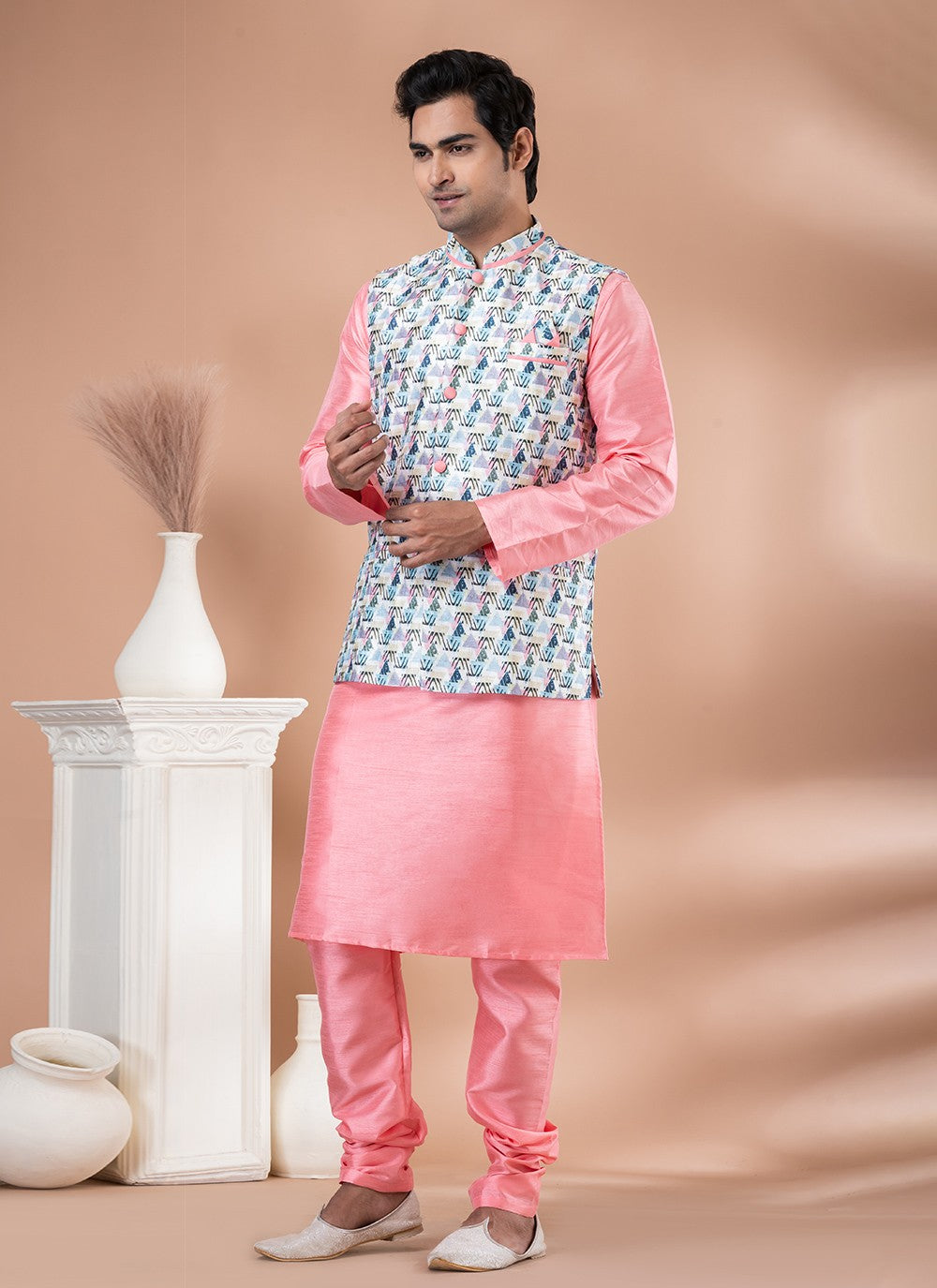 Printed Banarasi Silk Multi Colour, Pink Kurta Payjama With Jacket - M7719