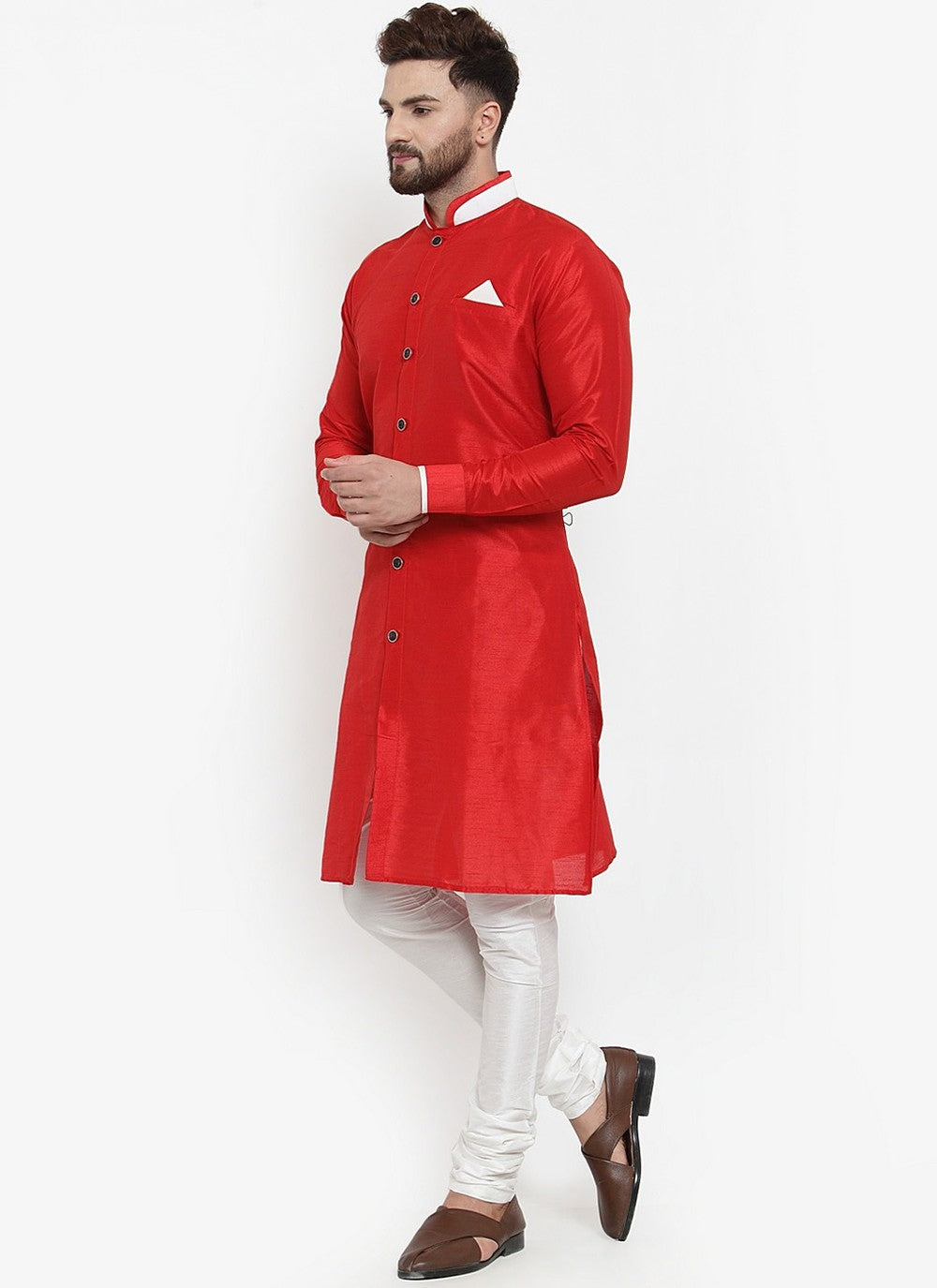 Plain Banarasi Silk Red Kurta Pyjama - M2463