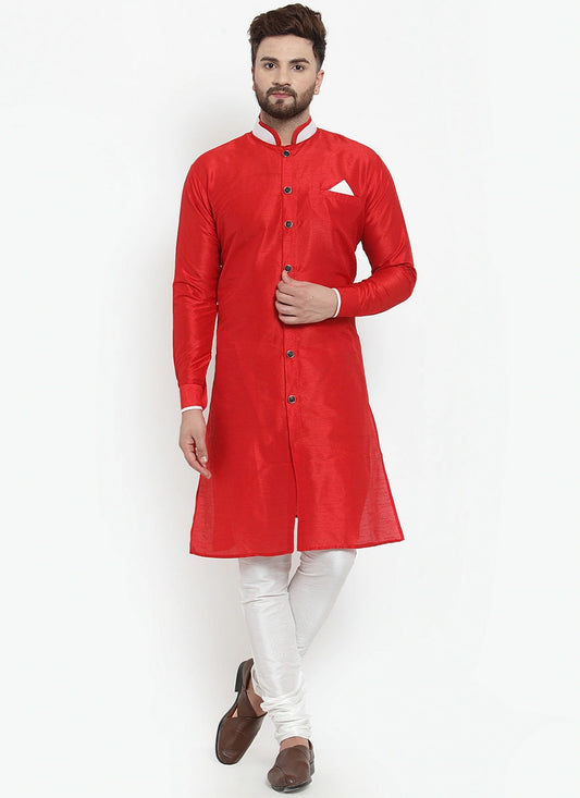 Plain Banarasi Silk Red Kurta Pyjama - M2463