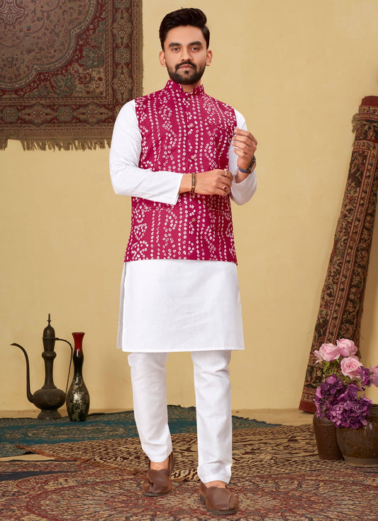 Bandhej Cotton Hot Pink, White Kurta Payjama With Jacket - M7778