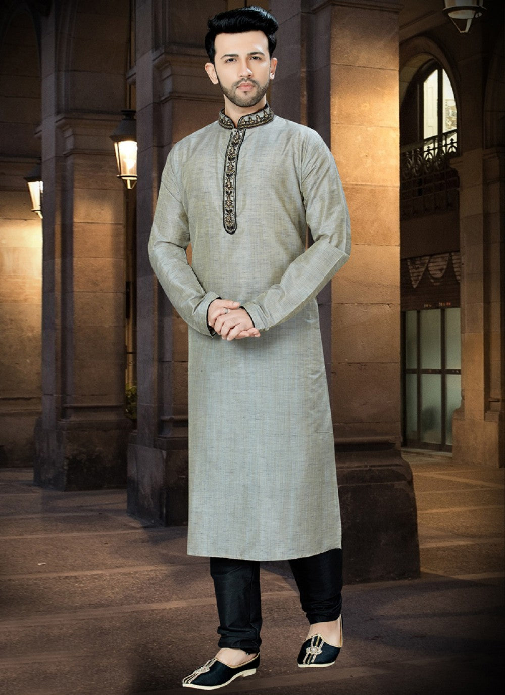 Embroidered Banglori Silk Grey Kurta Pyjama - M1036