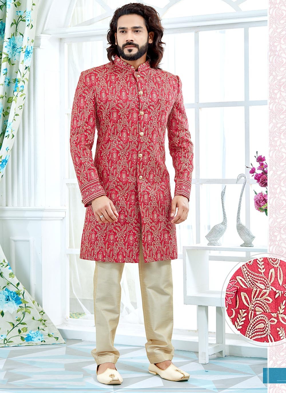 Embroidered Banglori Silk Red Indo Western - M2108