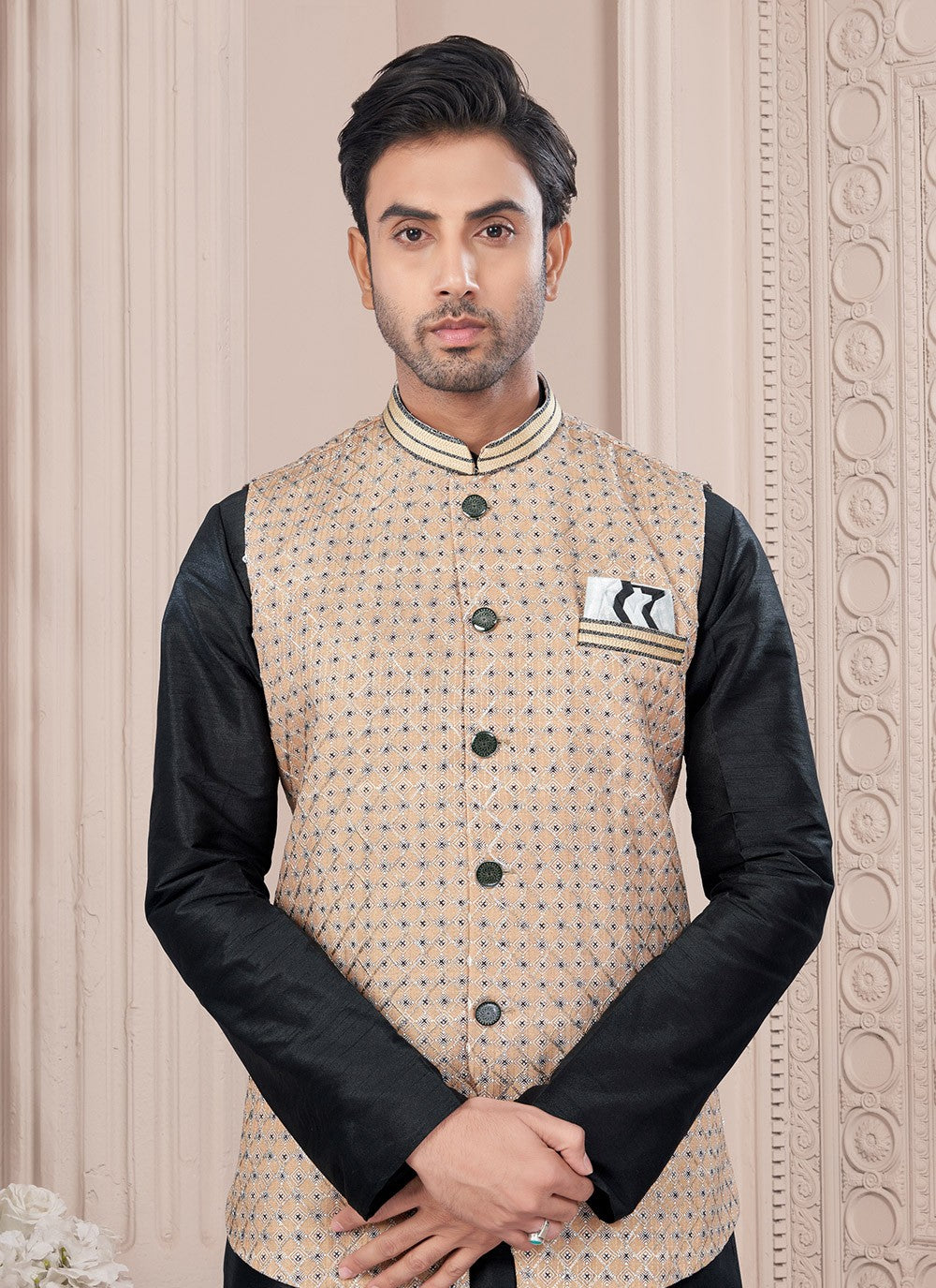 Buttons Dupion Silk, Jacquard Beige, Black Kurta Payjama With Jacket - M8675