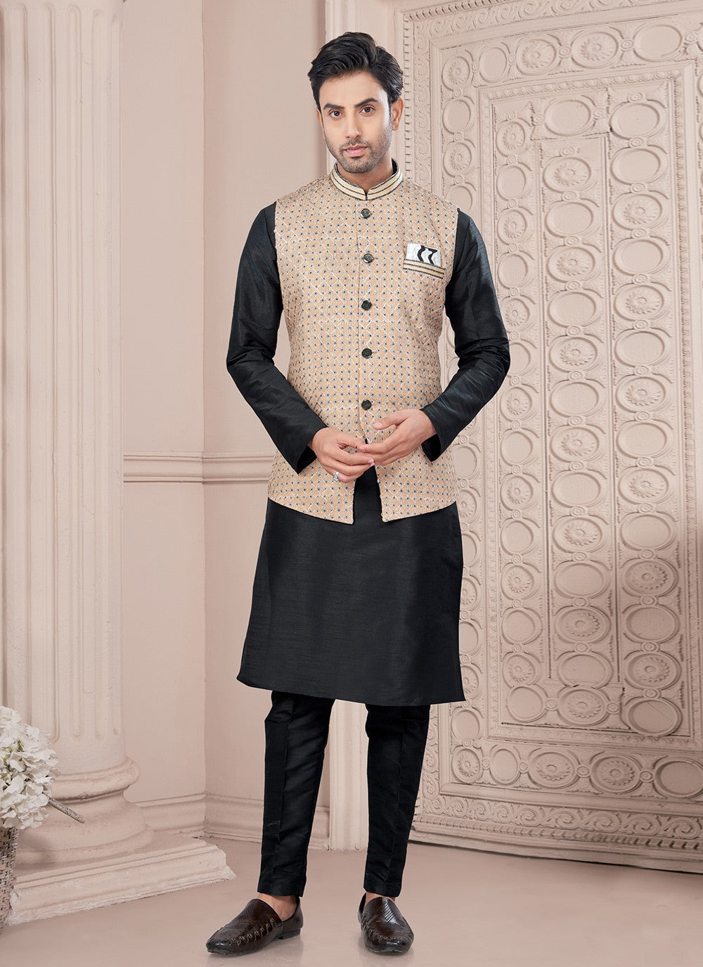 Buttons Dupion Silk, Jacquard Beige, Black Kurta Payjama With Jacket - M8675