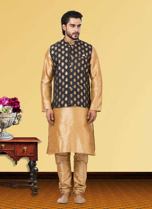 Jacquard Work Dupion Silk Beige, Black Kurta Payjama With Jacket - M3754