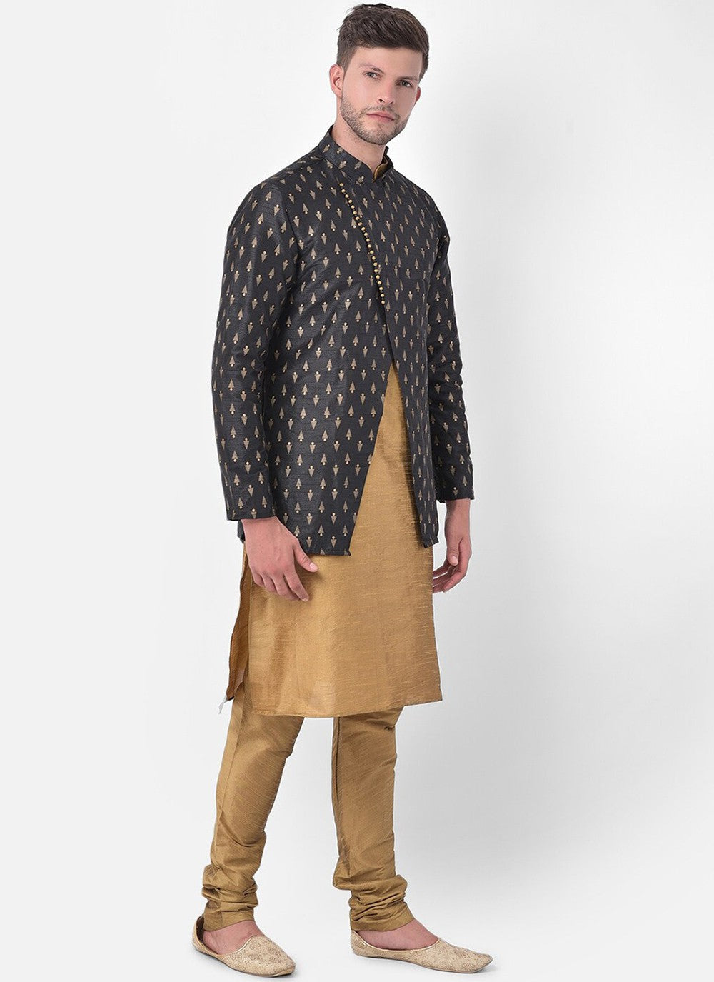 Fancy Work Dupion Silk Beige, Black Kurta Payjama With Jacket - M5225