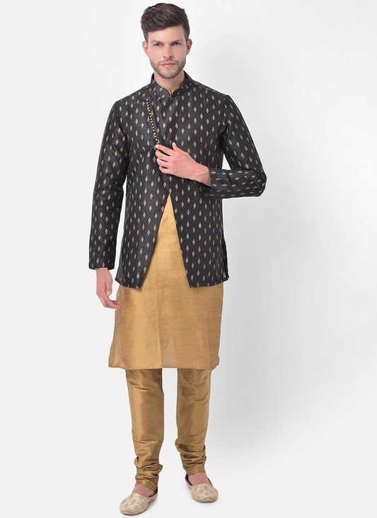 Fancy Work Dupion Silk Beige, Black Kurta Payjama With Jacket - M5225