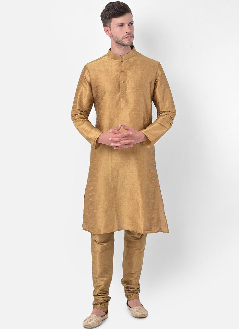 Fancy Work Dupion Silk Beige, Black Kurta Payjama With Jacket - M5225