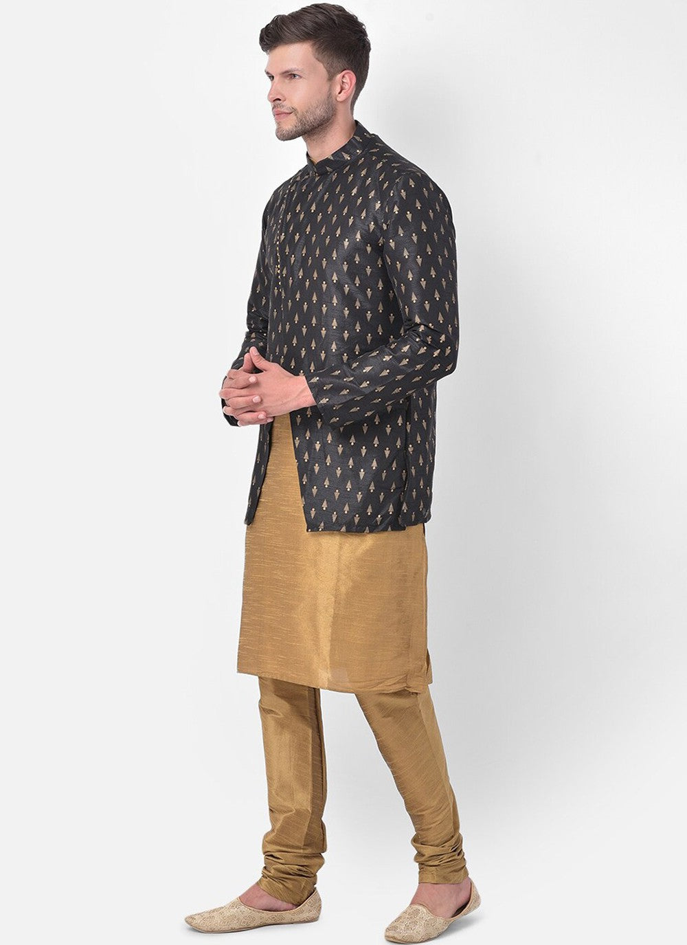 Fancy Work Dupion Silk Beige, Black Kurta Payjama With Jacket - M5225