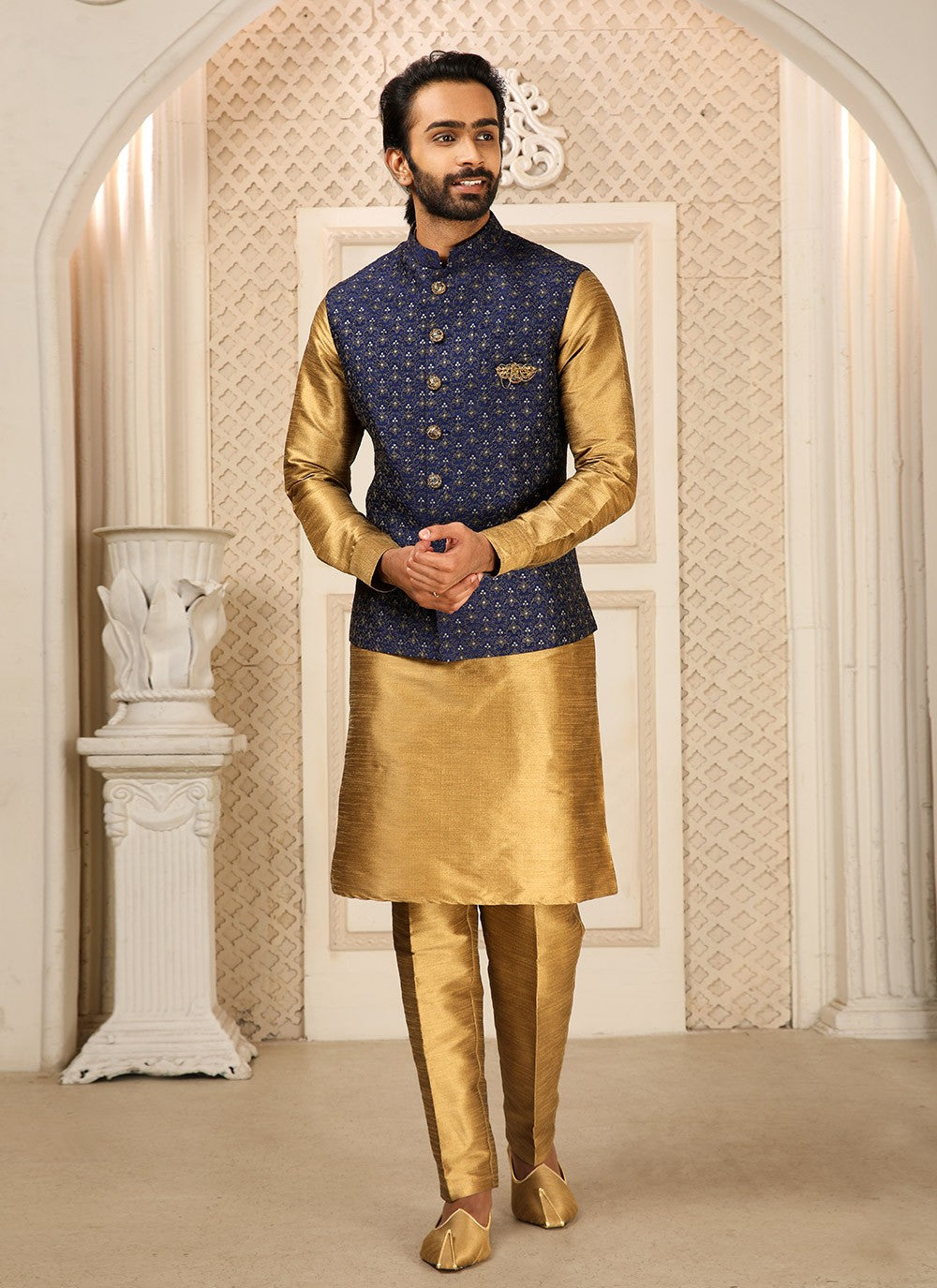 Embroidered Banarasi Silk Beige, Blue Kurta Payjama With Jacket - M4267