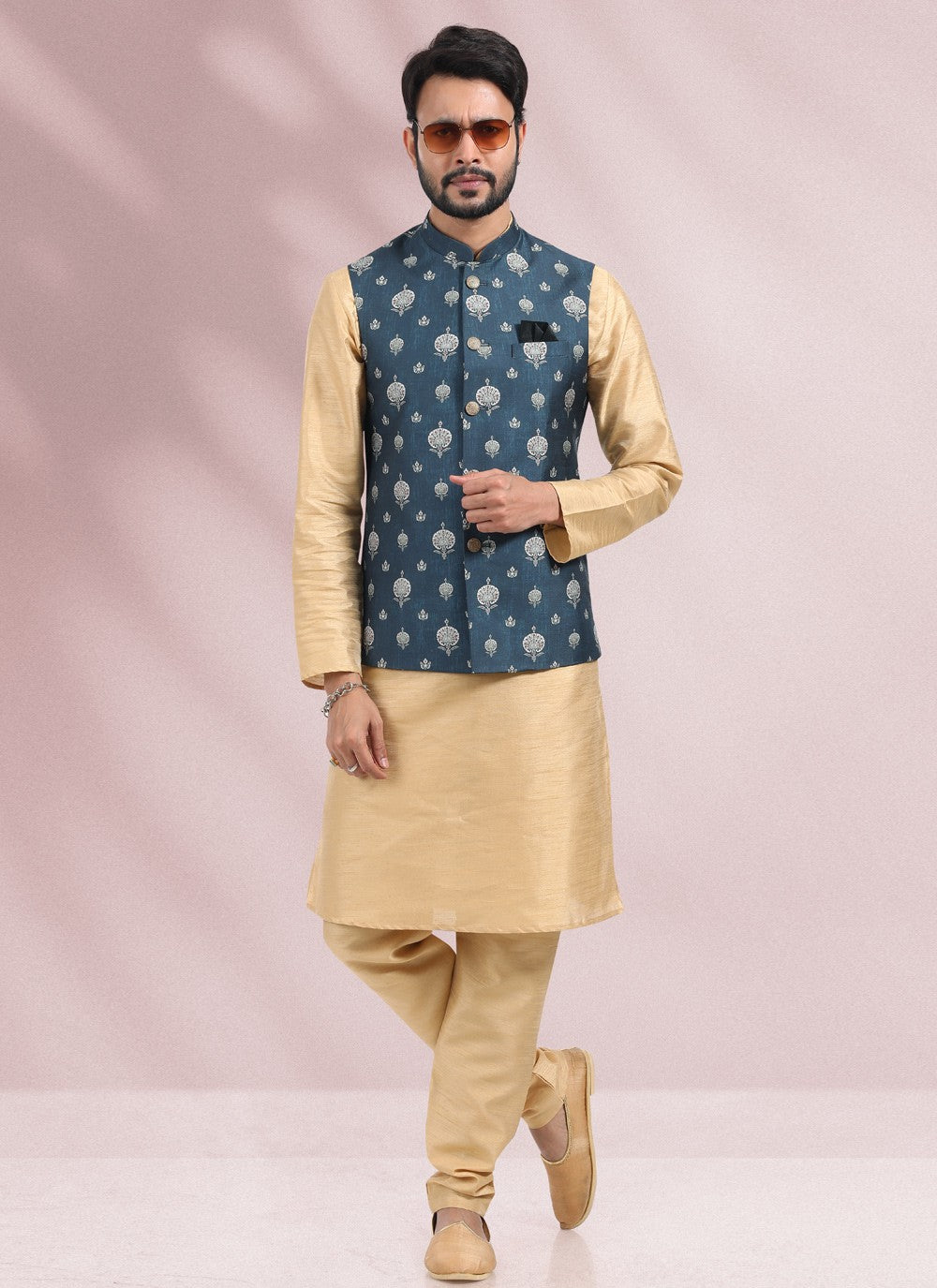 Printed Banarasi Silk Beige, Blue Kurta Payjama With Jacket - M4579