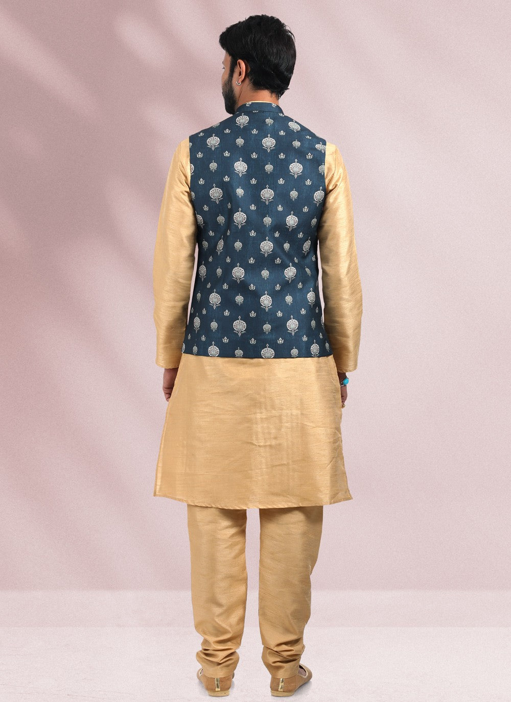 Printed Banarasi Silk Beige, Blue Kurta Payjama With Jacket - M4579