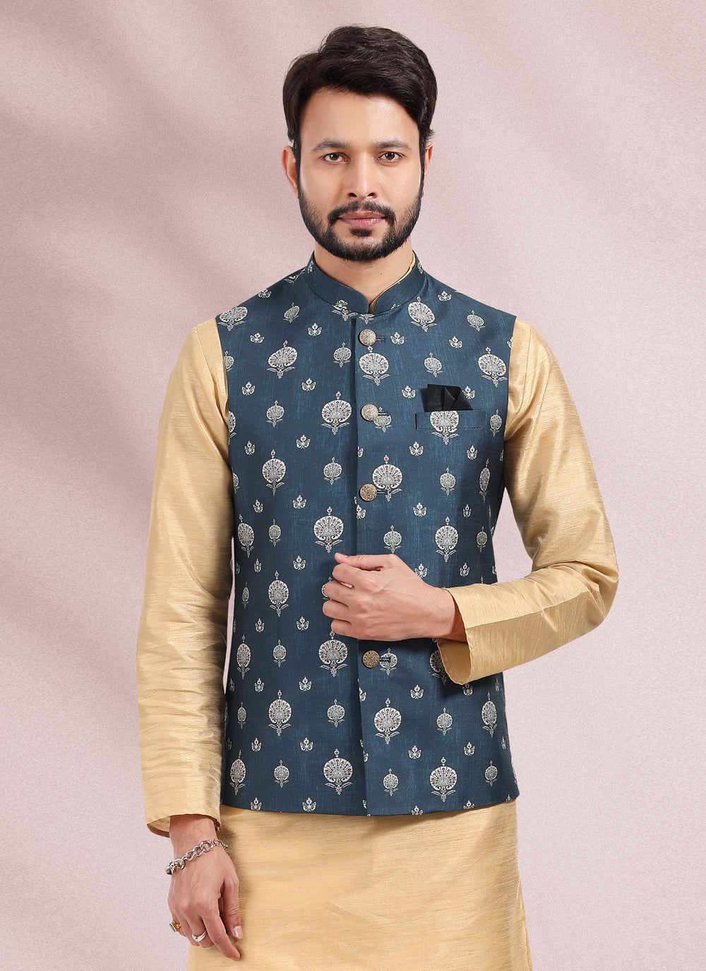 Printed Banarasi Silk Beige, Blue Kurta Payjama With Jacket - M4579