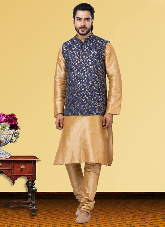 Jacquard Work Dupion Silk Beige, Blue Kurta Payjama With Jacket - M3752