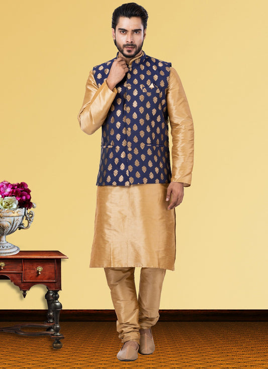 Jacquard Work Dupion Silk Beige, Blue Kurta Payjama With Jacket - M3753