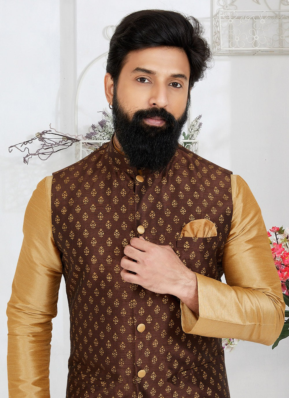 Fancy Work Dupion Silk Beige, Brown Kurta Payjama With Jacket - M5486