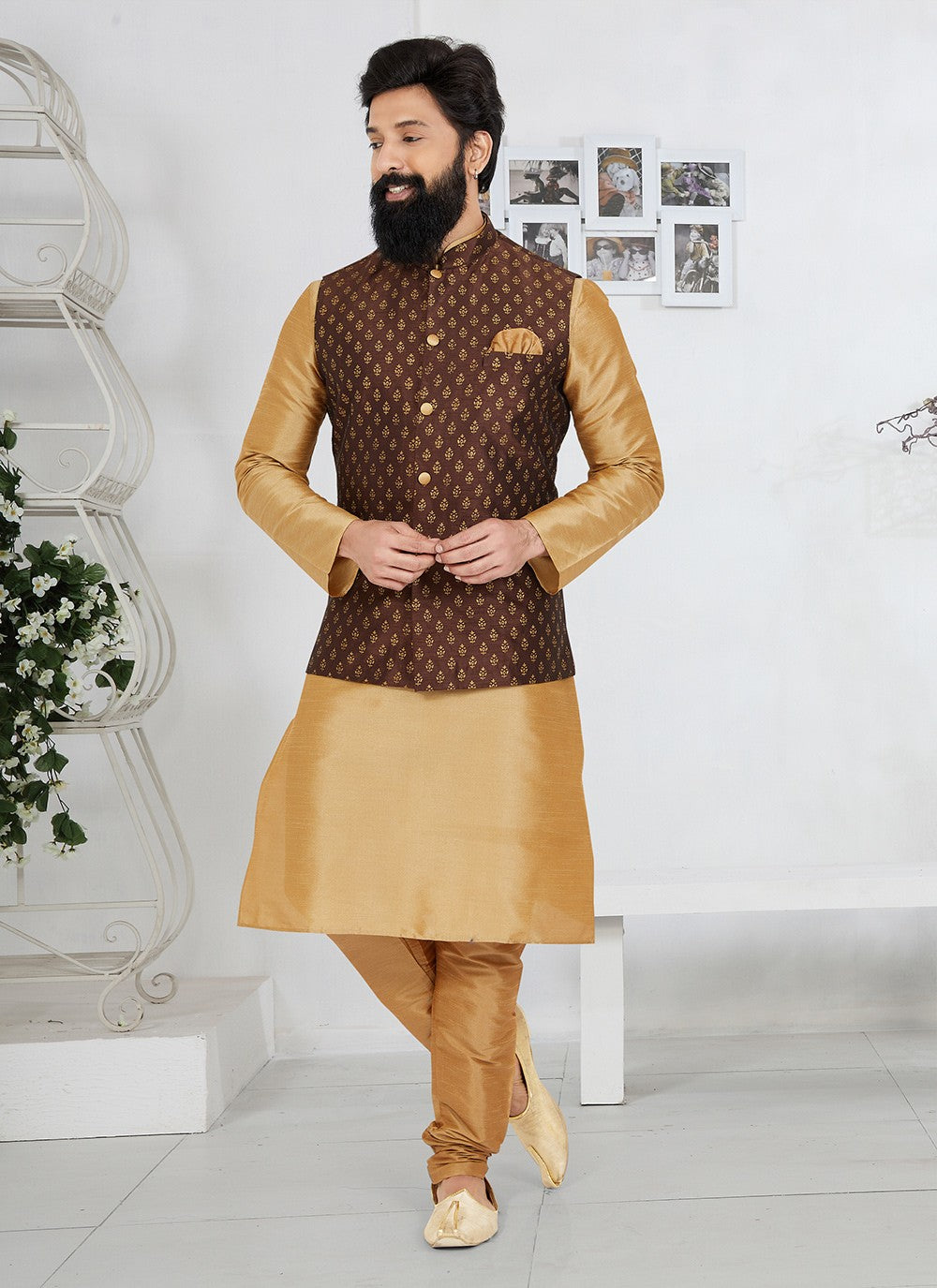 Fancy Work Dupion Silk Beige, Brown Kurta Payjama With Jacket - M5486