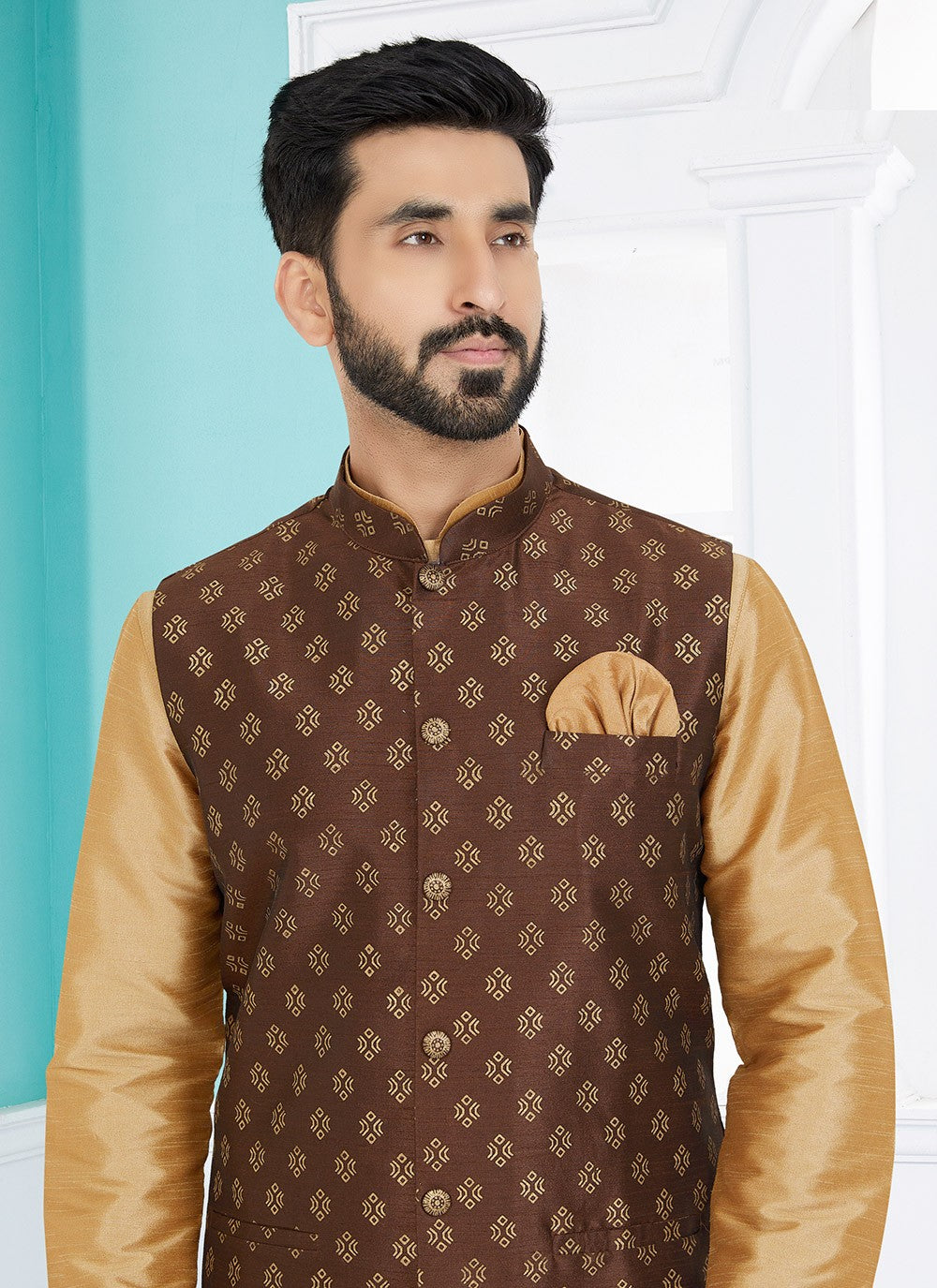 Fancy Work Dupion Silk Beige, Brown Kurta Payjama With Jacket - M5484