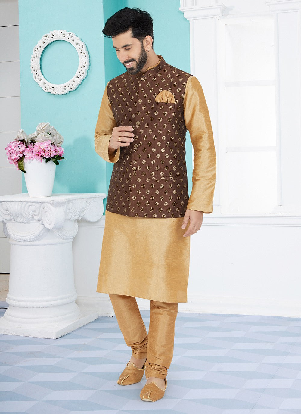 Fancy Work Dupion Silk Beige, Brown Kurta Payjama With Jacket - M5484