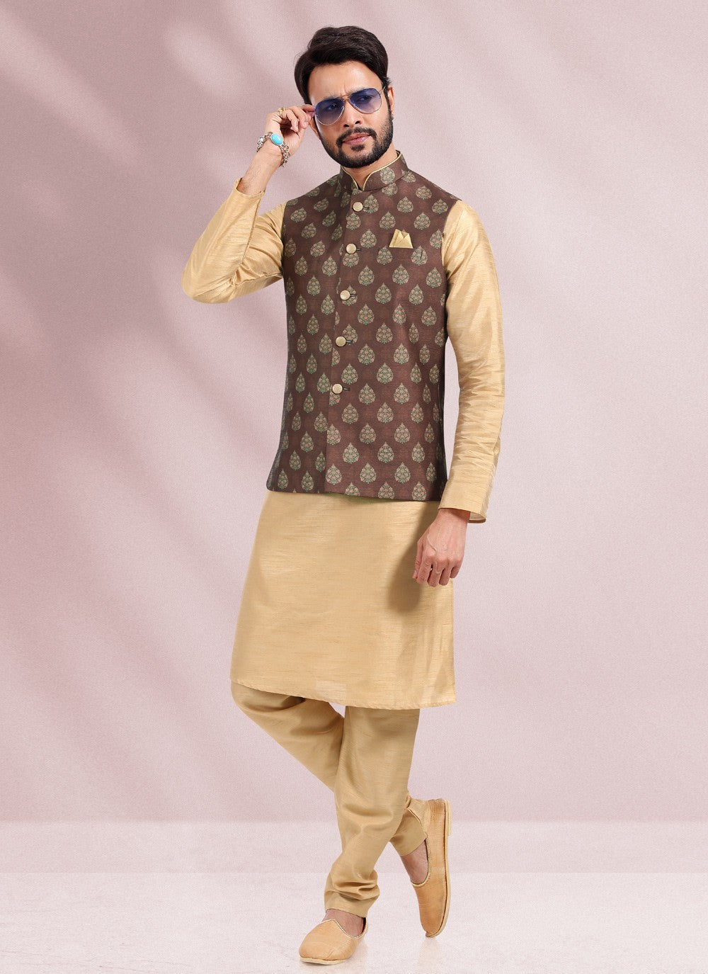 Printed Banarasi Silk Beige, Brown Kurta Payjama With Jacket - M4585