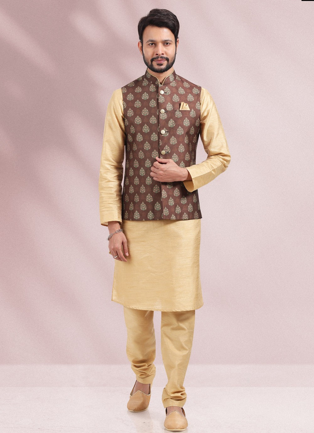 Printed Banarasi Silk Beige, Brown Kurta Payjama With Jacket - M4585