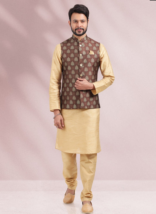 Printed Banarasi Silk Beige, Brown Kurta Payjama With Jacket - M4585