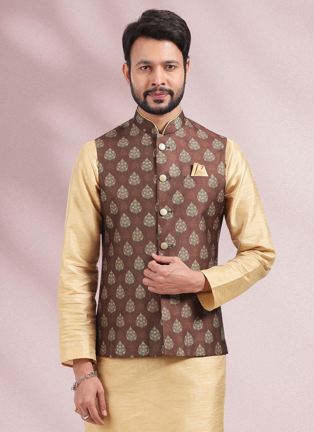 Printed Banarasi Silk Beige, Brown Kurta Payjama With Jacket - M4585