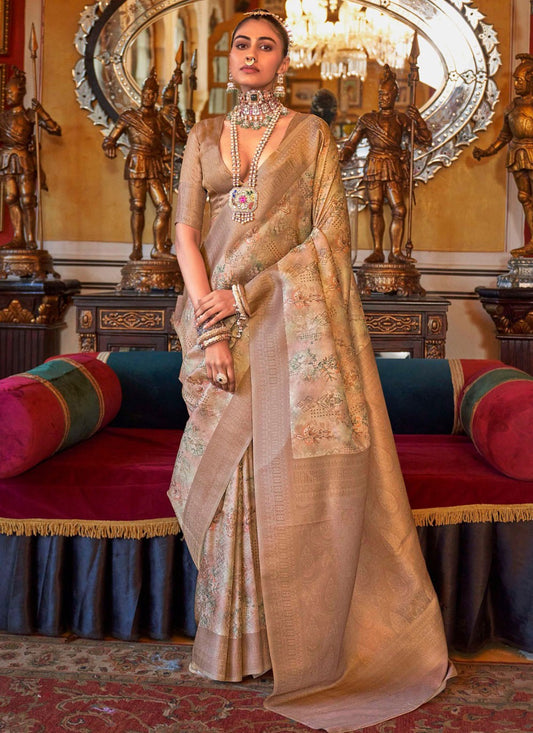 Contemporary Border Work Tussar Silk Beige, Brown Saree - S11388