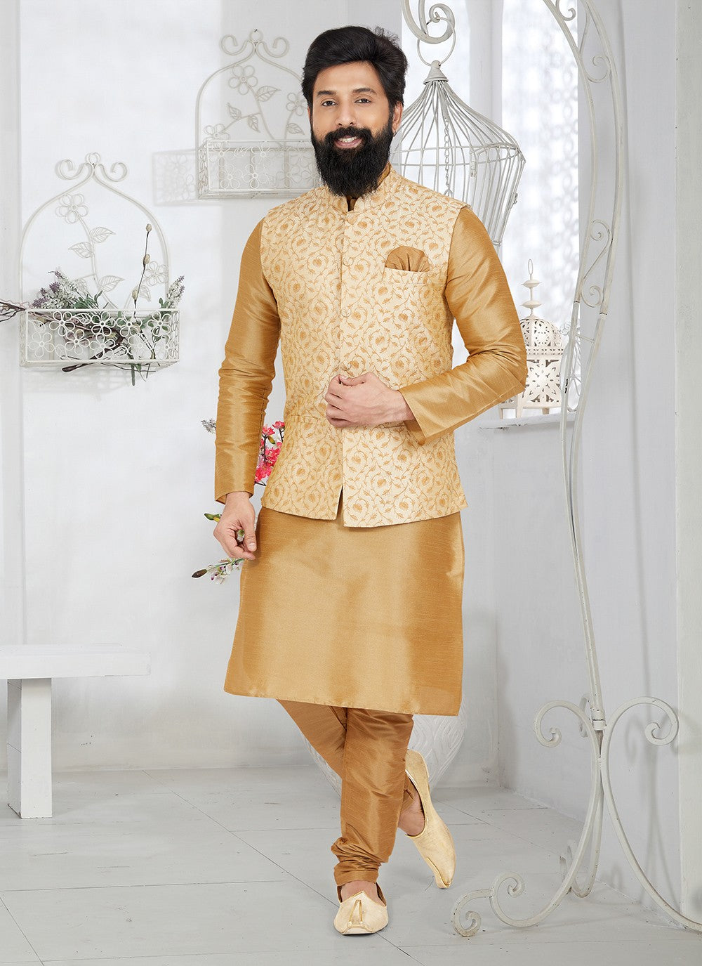 Fancy Work Banarasi Silk Beige, Cream Kurta Payjama With Jacket - M5317