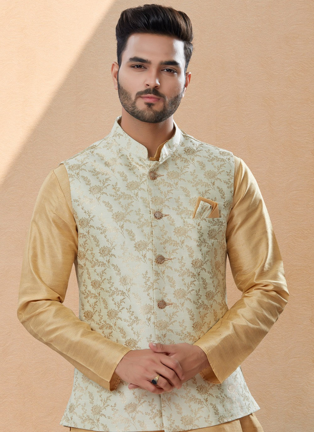 Jacquard Work Banarasi Silk, Dupion Silk Beige, Cream Kurta Payjama With Jacket - M4029