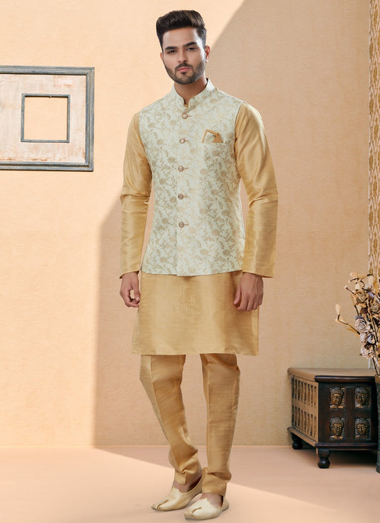 Jacquard Work Banarasi Silk, Dupion Silk Beige, Cream Kurta Payjama With Jacket - M4029