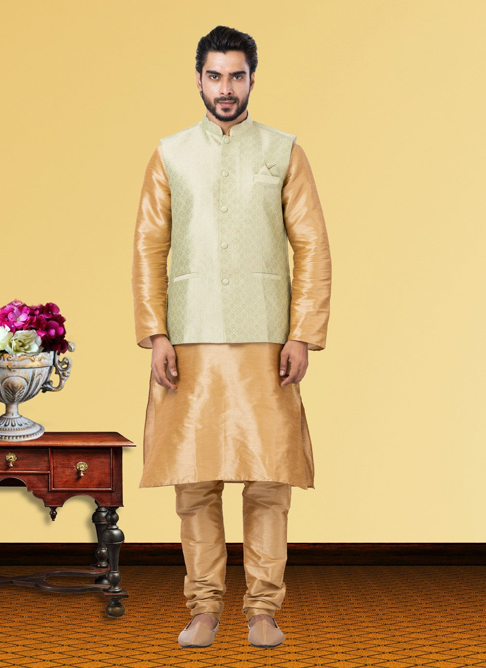 Jacquard Work Dupion Silk Beige, Gold Kurta Payjama With Jacket - M3758