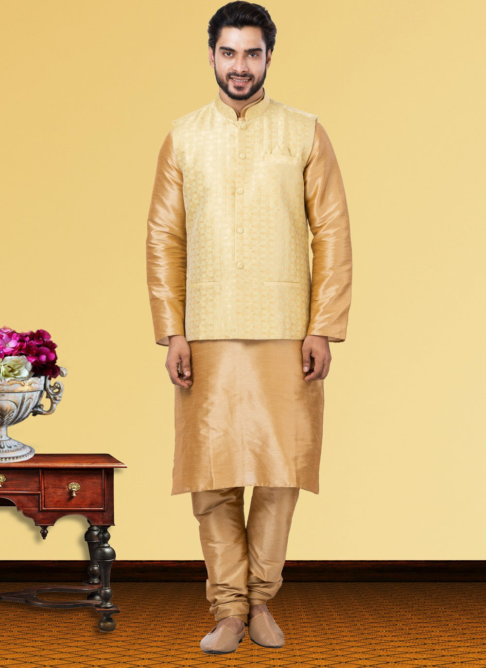 Jacquard Work Dupion Silk Beige, Gold Kurta Payjama With Jacket - M3750