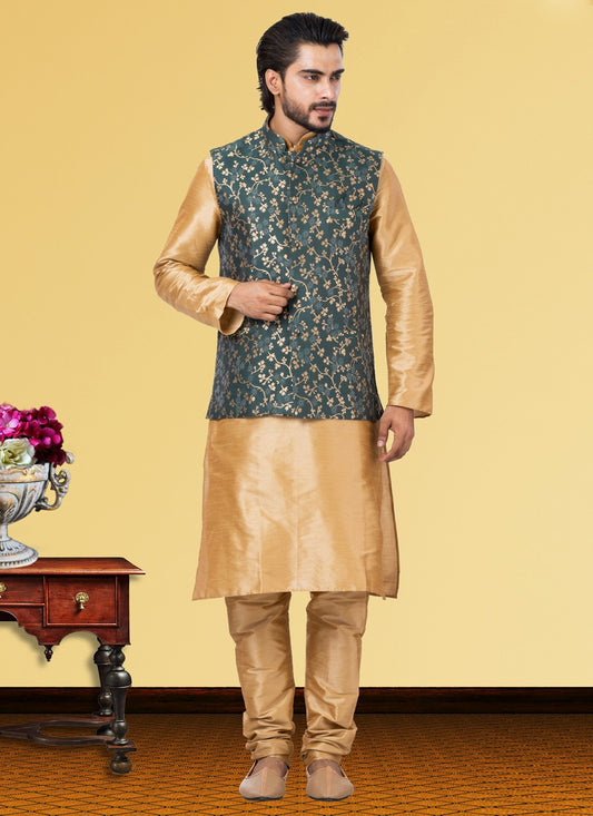 Jacquard Work Dupion Silk Beige, Green Kurta Payjama With Jacket - M3755